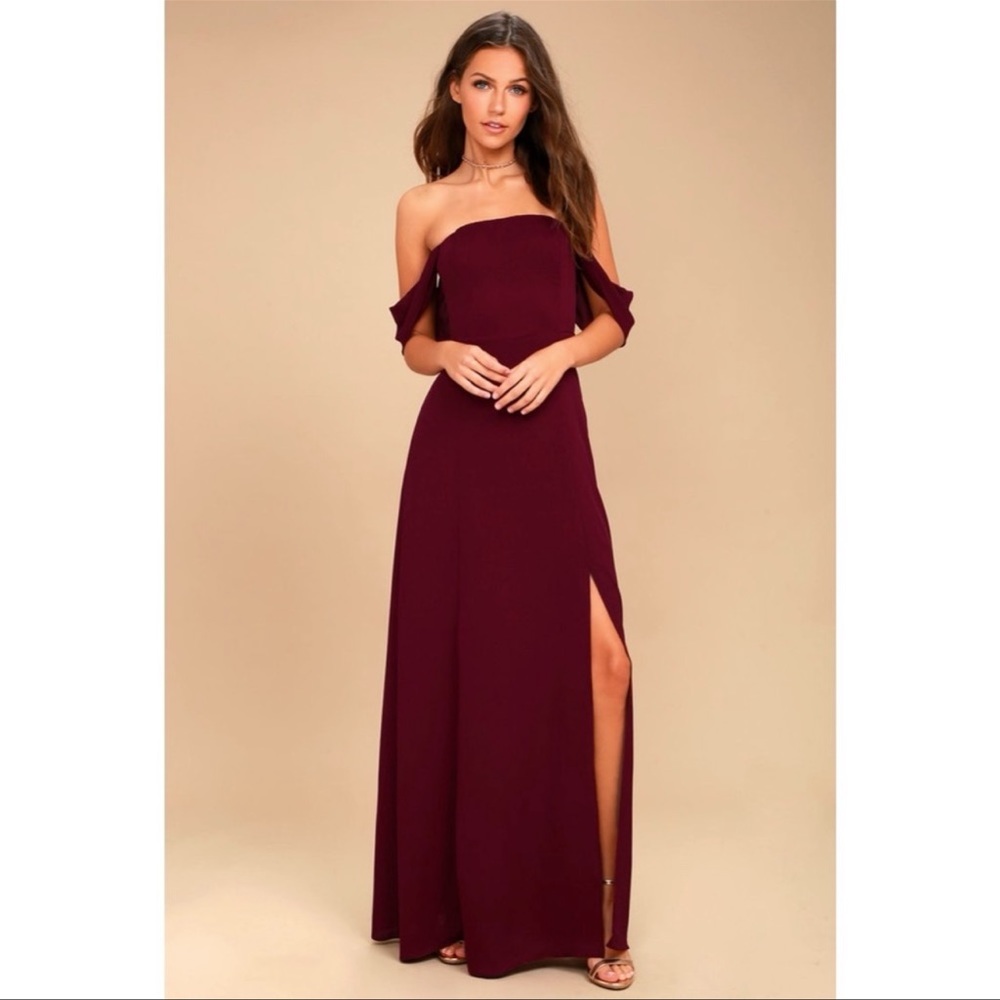 J.O.A. Veronique Burgundy Off-the-Shoulder Maxi Dress, XS